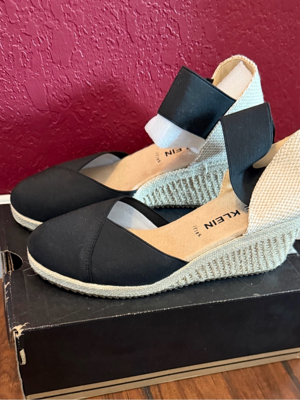 Anne Klein Black and Natural Espadrille Wedge Sandals